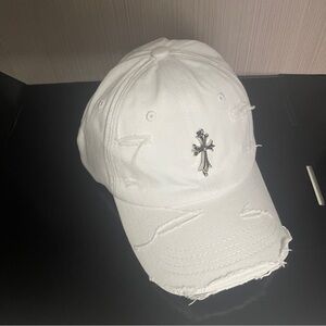 Chrome Hearts Cross Frayed White Baseball Cap